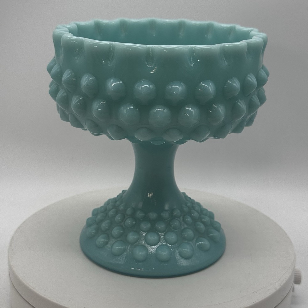 Fenton TURQUOISE Hobnail Art Glass Pedestal Blue Aqua COMPOTE Candy Dish Bowl
